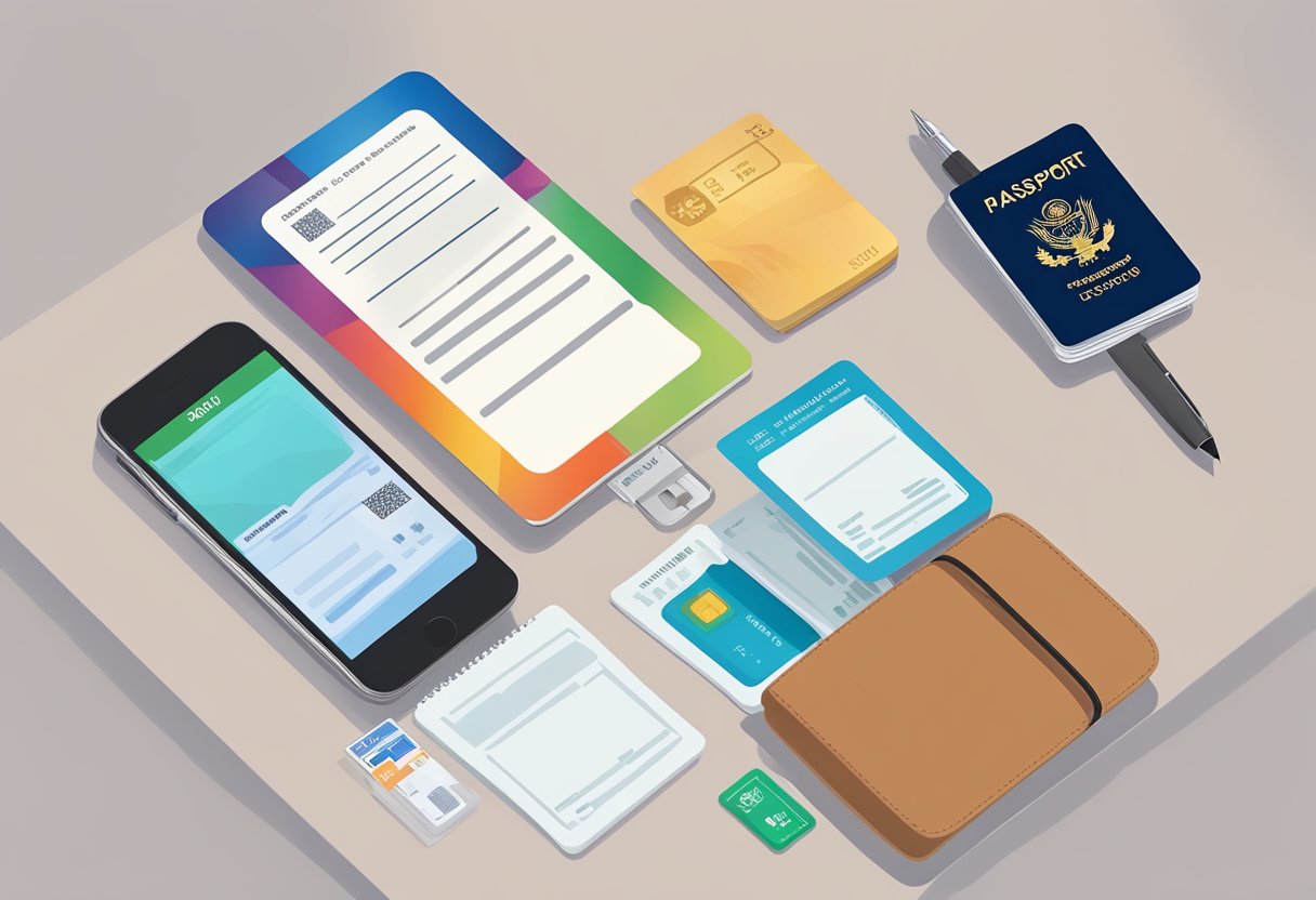 A digital device displaying the SG Arrival Card on a table, with a passport and pen nearby