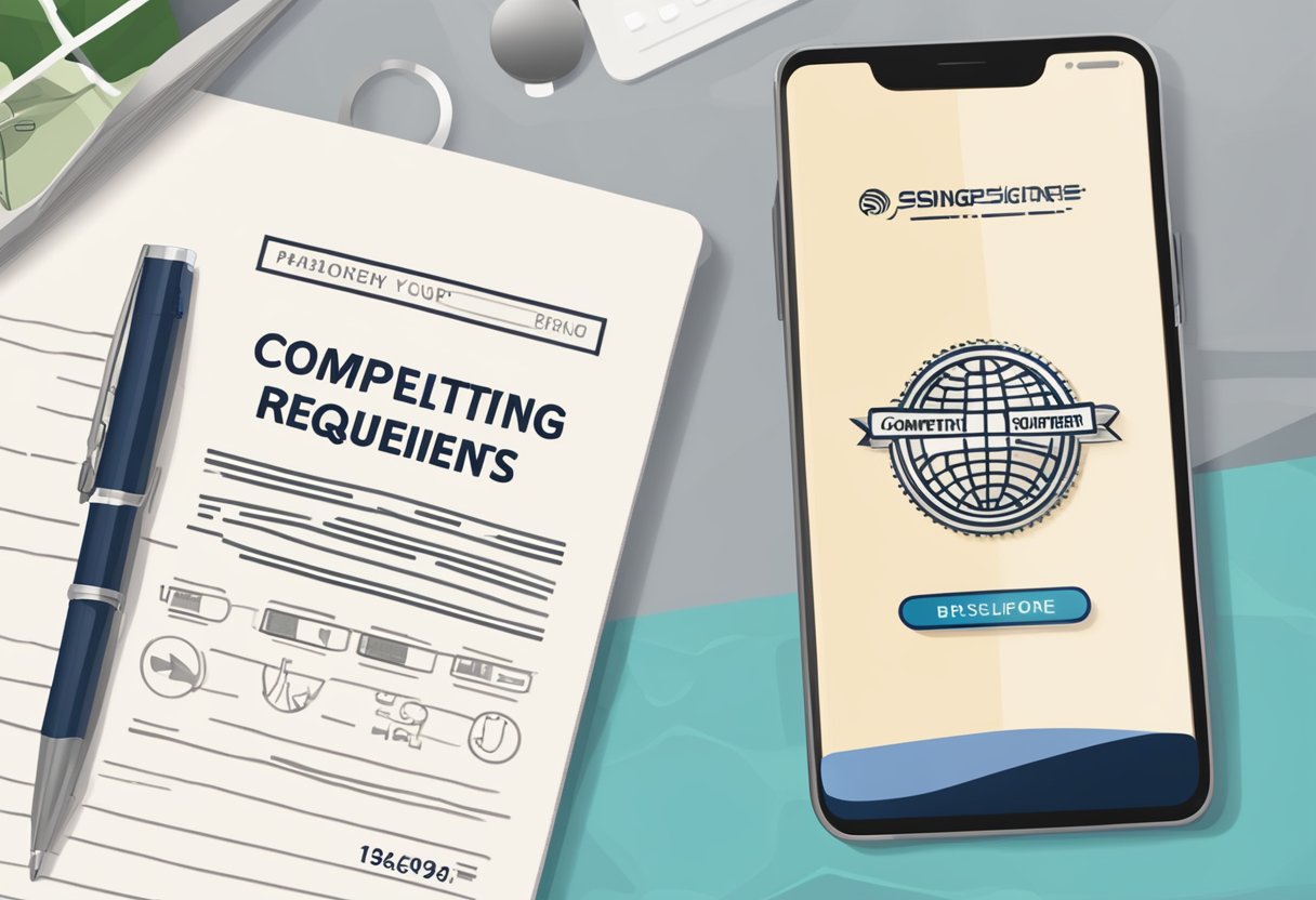 Passport held open next to a smartphone with the "Completing Your Entry Requirements" page displayed. Singapore skyline in the background