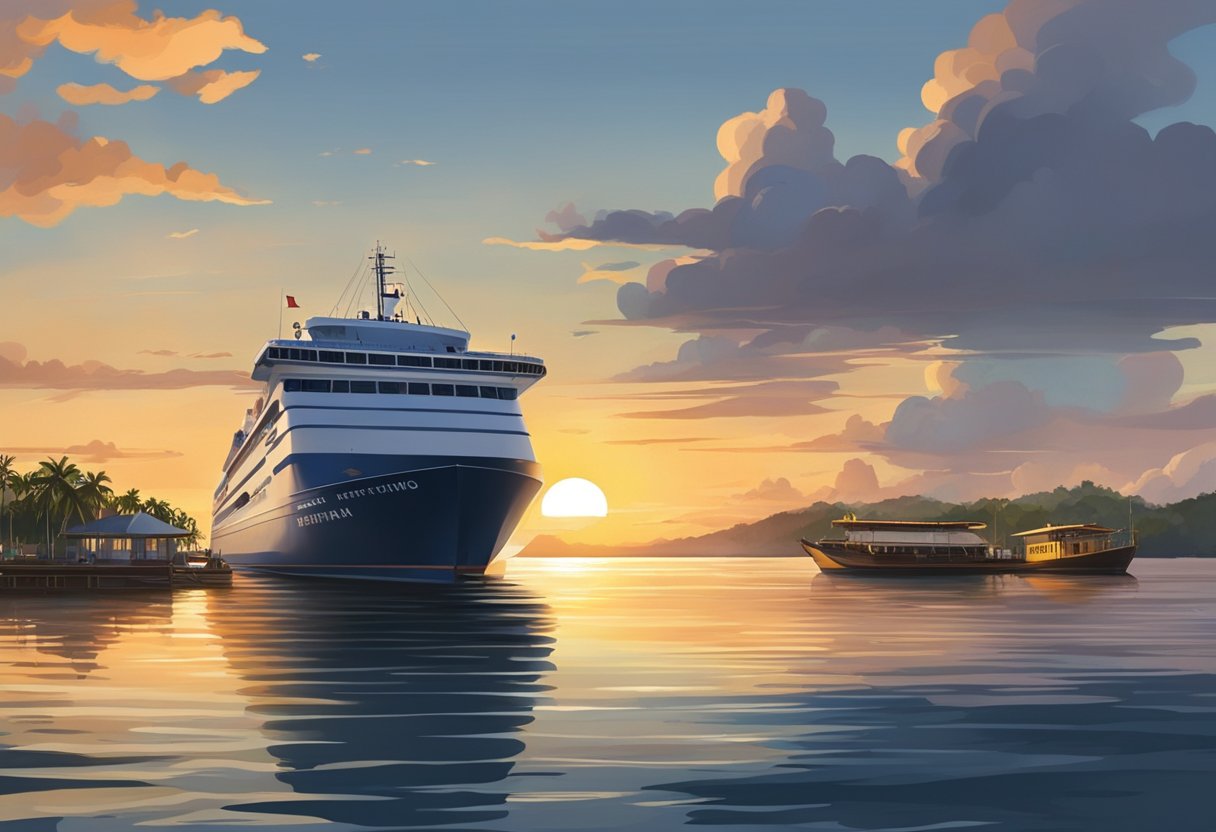 The ferry departs from Batam, heading towards Singapore. The sun sets over the horizon, casting a warm glow on the calm waters