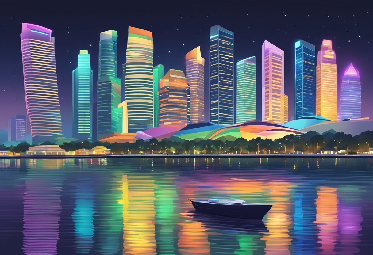 A vibrant cityscape of Singapore at night, with towering skyscrapers illuminated by colorful lights, reflecting off the calm waters of the Marina Bay