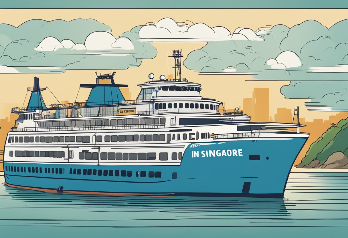 A ferry sailing between Batam and Singapore with a "Frequently Asked Questions" sign displayed prominently on board