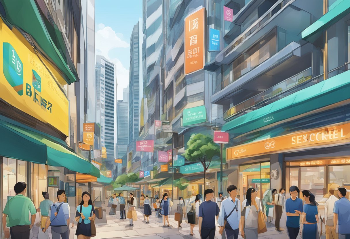 The bustling streets of Singapore's 20 Cecil Street, with vibrant signs advertising leasing and investment opportunities