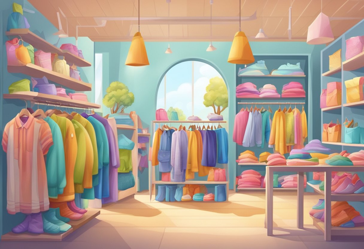 Children's clothing displayed in a bright, modern store. Friendly staff assist customers. Trendy, colorful merchandise lines the shelves