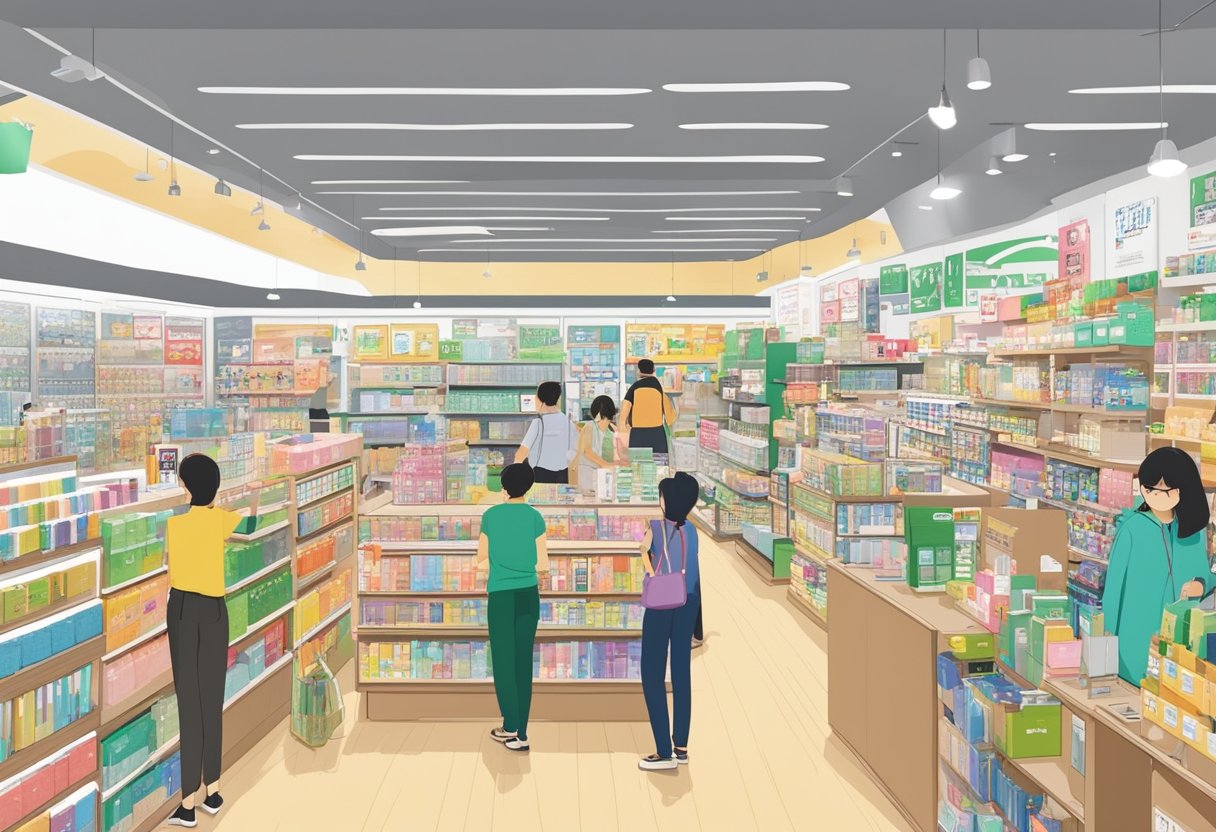 Tokyu Hands Singapore: Bright store interior with colorful displays of stationery, gadgets, and DIY items. Customers browsing shelves and staff assisting