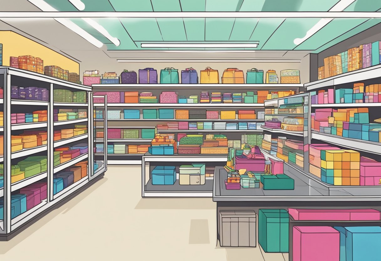 The store is bustling with customers browsing through the wide variety of products. Shelves are neatly organized, and colorful displays catch the eye. The store is bright and inviting, with a modern and trendy atmosphere