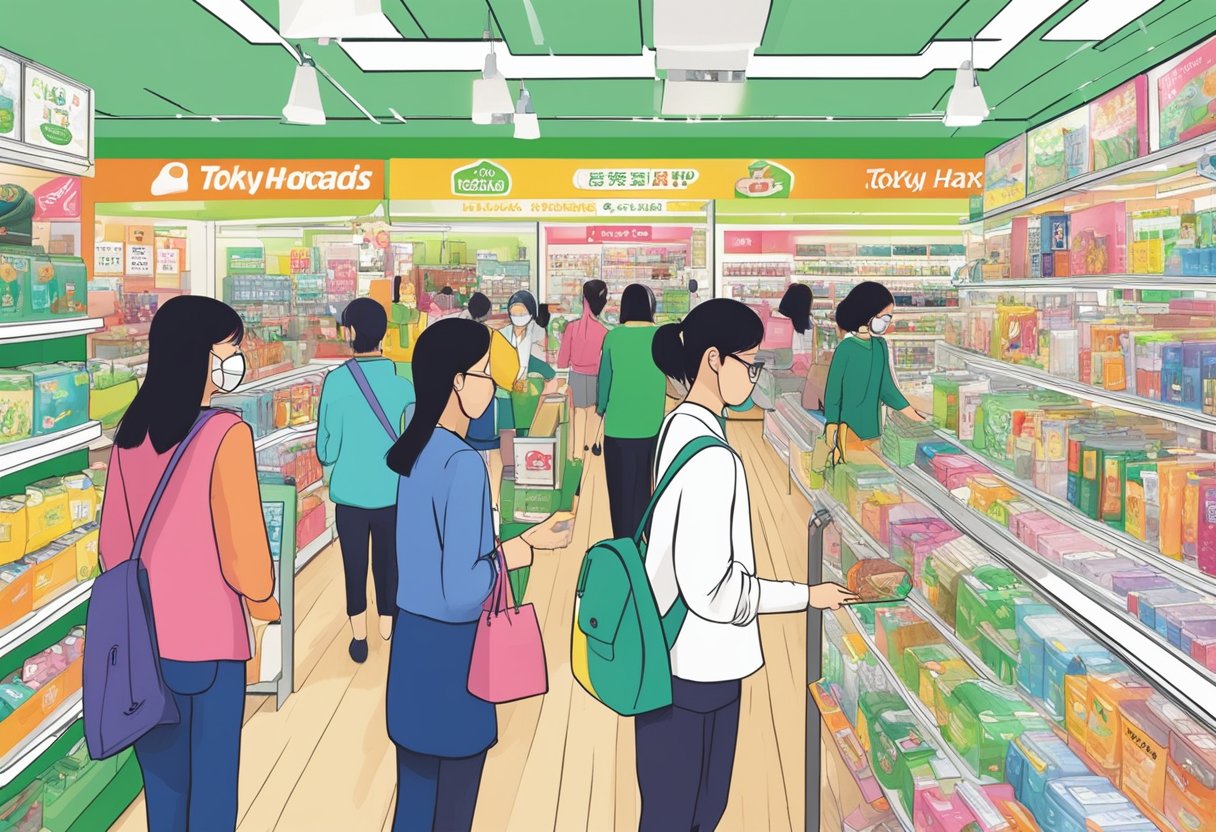 Customers browsing colorful displays in Tokyu Hands Singapore, interacting with products and enjoying the vibrant and diverse shopping experience