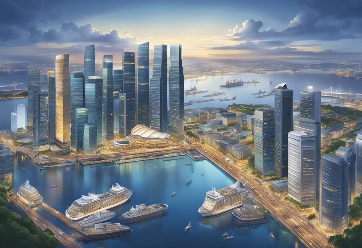 A bustling cityscape with gleaming skyscrapers and busy ports, showcasing the dynamic energy of Singapore's industrial and commercial success