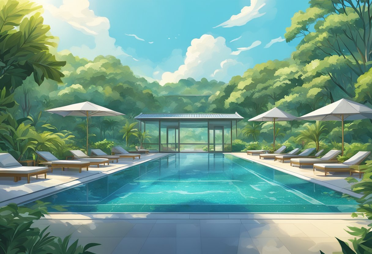 A sparkling swimming pool in Singapore with a backdrop of lush greenery and a clear blue sky