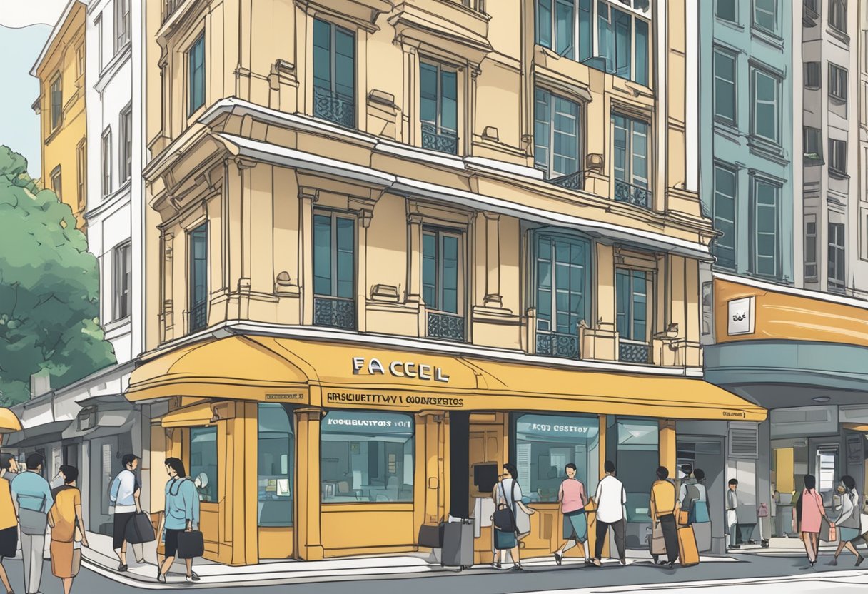 A bustling city street with a prominent building labeled "Frequently Asked Questions" at 20 Cecil Street, Singapore