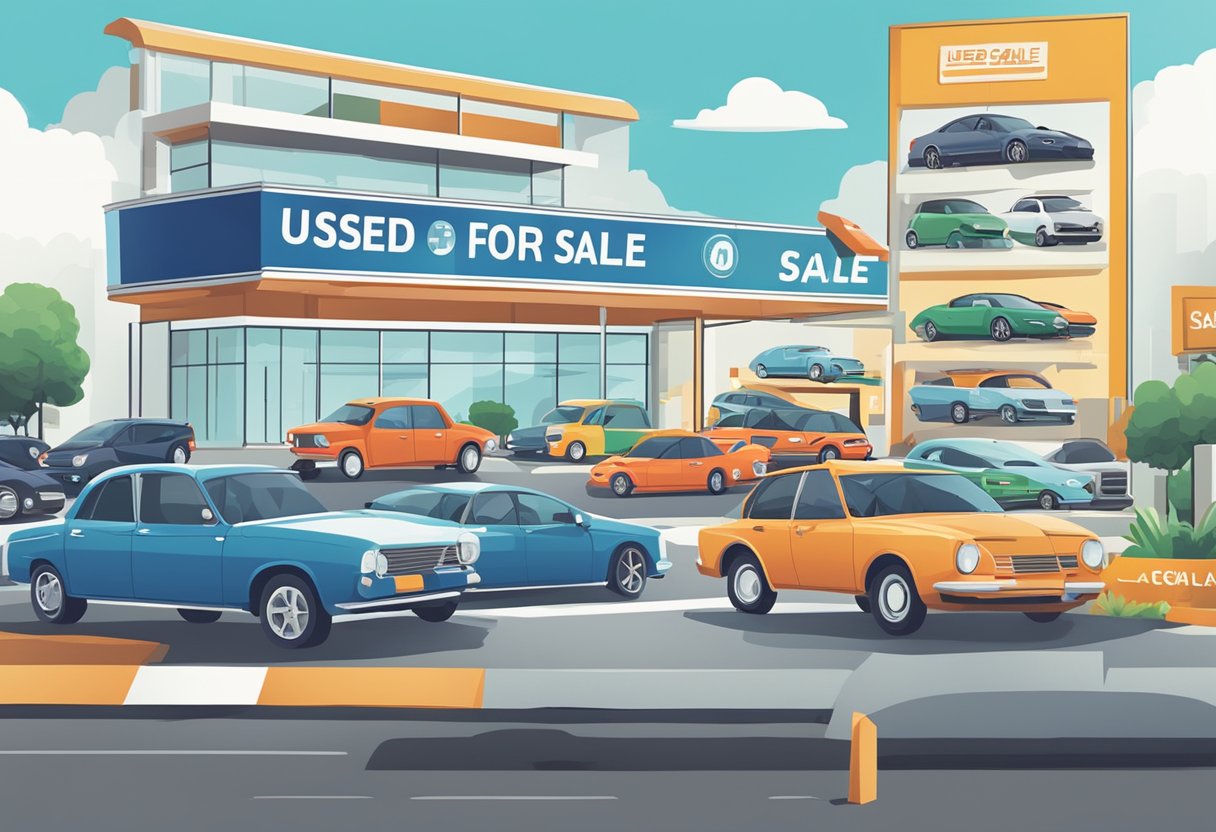 A sign reads "Used Cars for Sale" in front of a car dealership in Singapore. Various cars are displayed in the lot