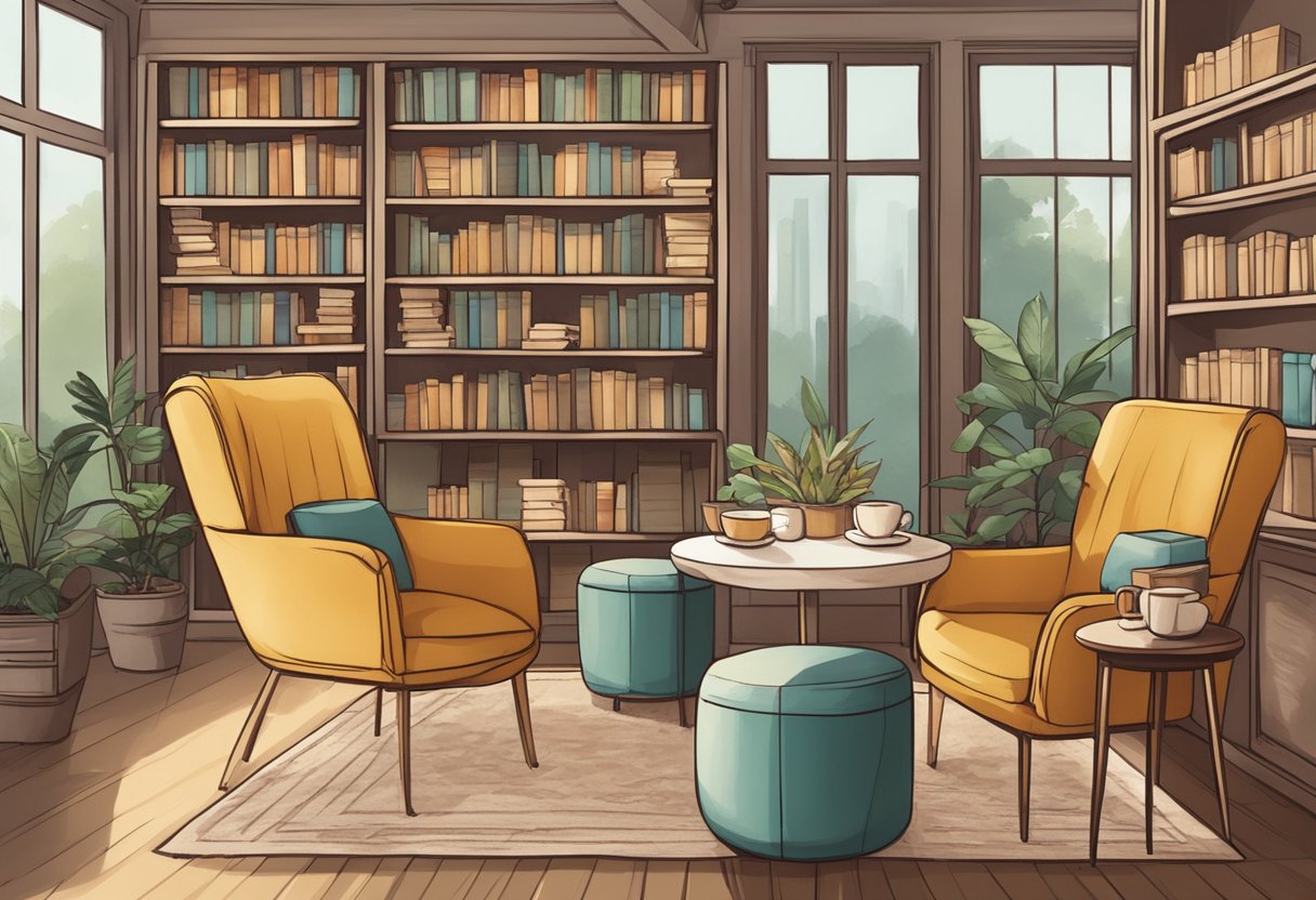 A cozy book cafe in Singapore with shelves of books, vintage armchairs, and steaming cups of coffee
