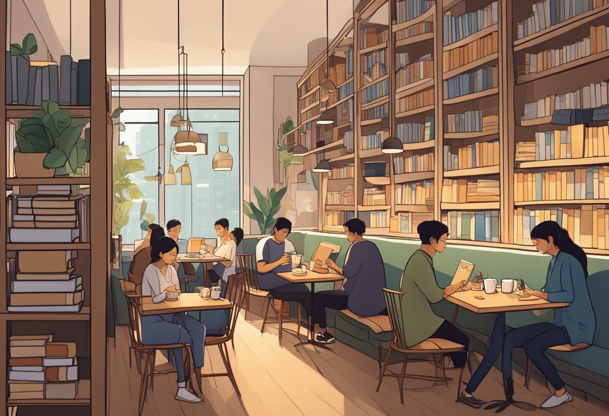 People are sipping coffee surrounded by shelves of books in a cozy, well-lit cafe in Singapore. A warm, inviting atmosphere with comfortable seating and a variety of reading materials