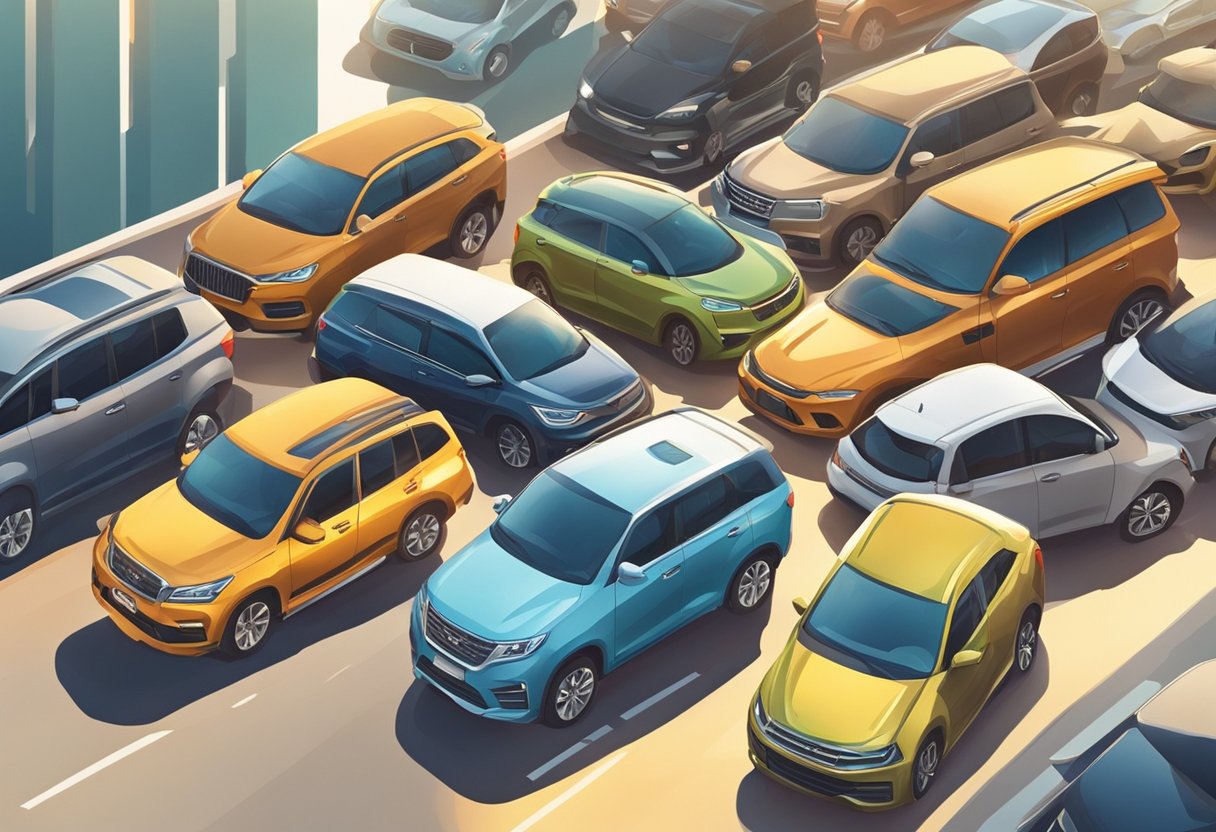 A used car sits on a lot in Singapore, surrounded by other vehicles. The sun shines down, casting a warm glow on the shiny exterior of the car