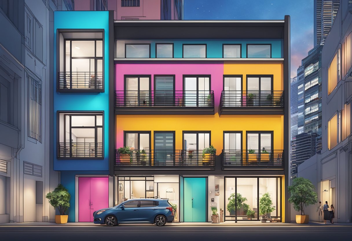 The vibrant exterior of Wink Capsule Hostel in Singapore, with its sleek and modern design, stands out against the backdrop of the bustling city streets