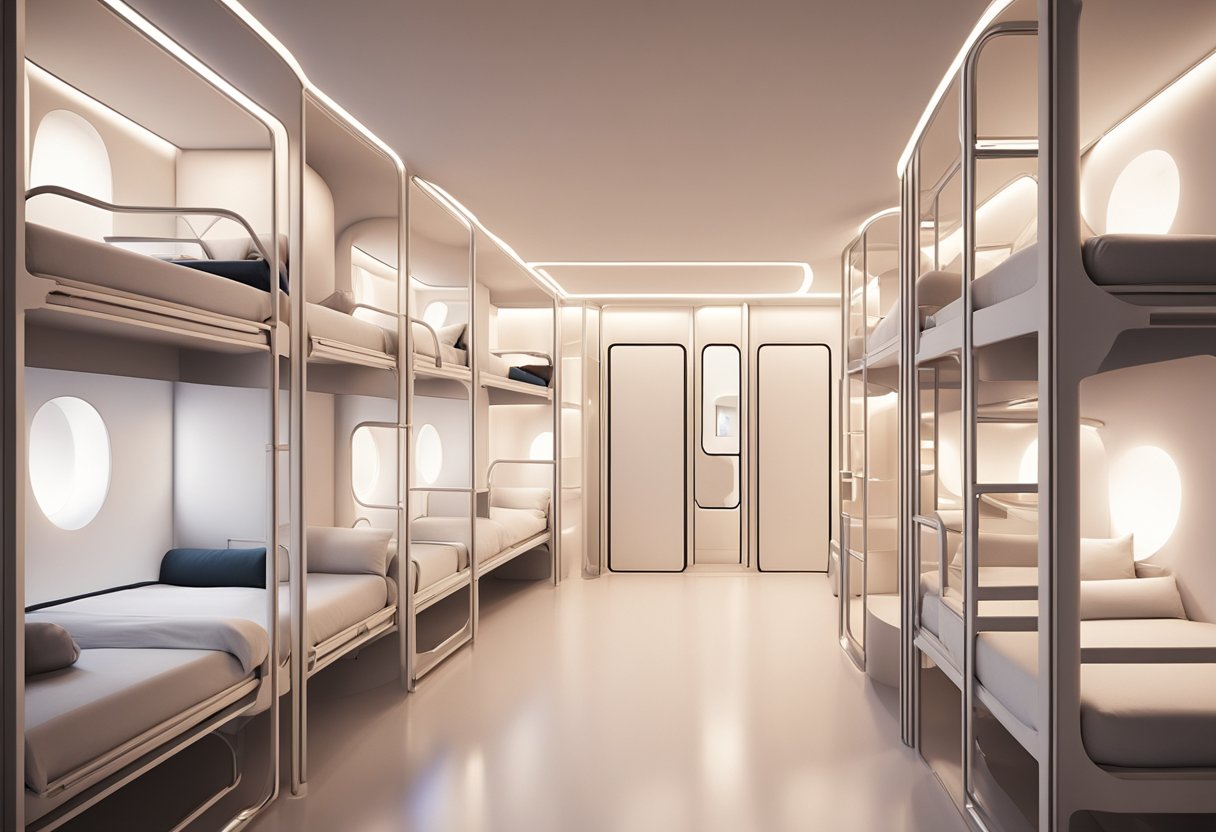 Guests wander through sleek, modern pod-style accommodations at Wink Capsule Hostel in Singapore. The space is filled with soft ambient lighting and minimalist decor, creating a tranquil and futuristic atmosphere