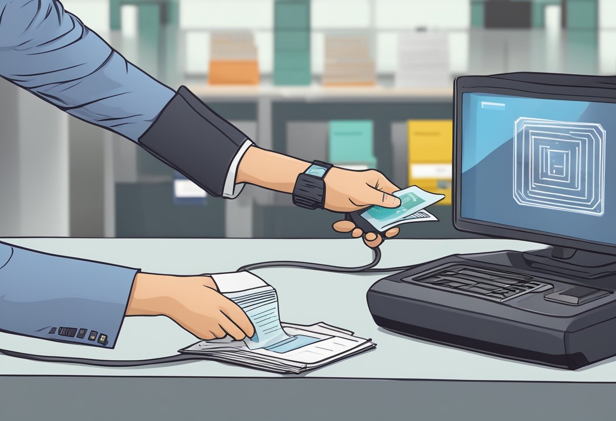 A passport being scanned at a Singaporean immigration counter