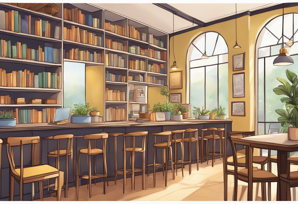 A cozy book cafe in Singapore, with shelves filled with colorful books, a warm and inviting atmosphere, and a variety of seating options for visitors to relax and enjoy a good read