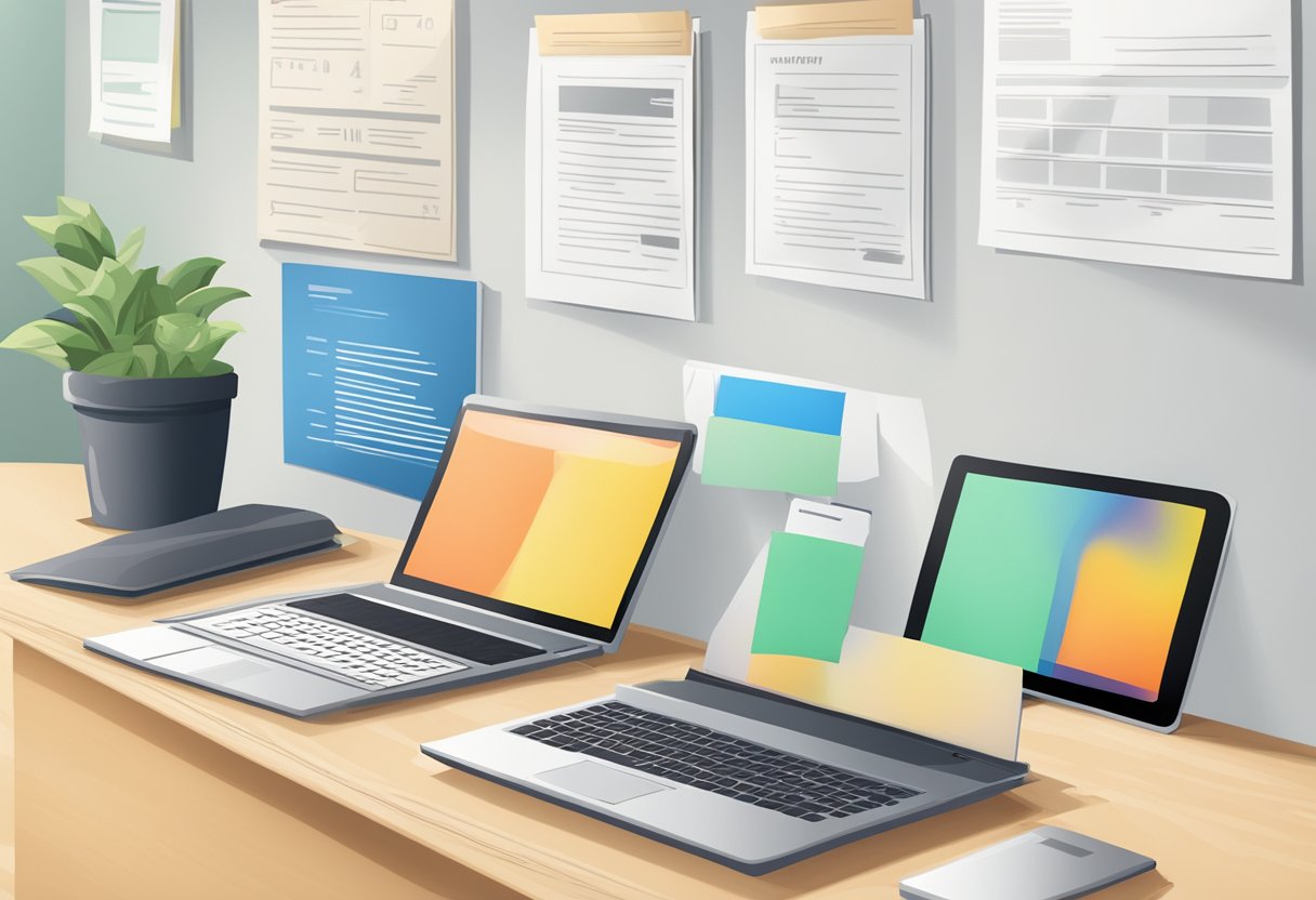 A table with a laptop, documents, and a pen. A sign with "Dependant's Pass Eligibility" and "Application" on a wall