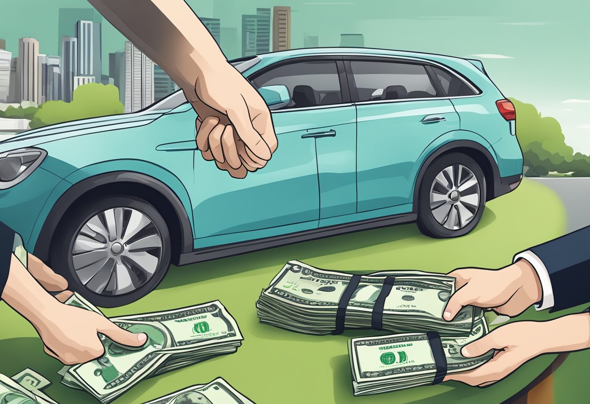 A customer hands over cash for a used car in Singapore