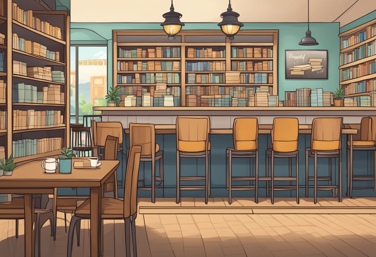 A cozy book cafe in Singapore with shelves of books, tables and chairs for customers, and a prominent "Frequently Asked Questions" sign