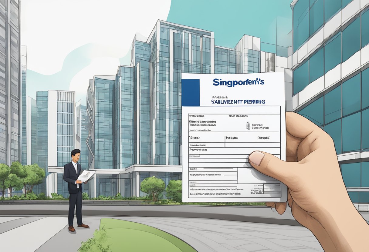 A person holding a Dependant's Pass, standing in front of a Singaporean office building, with a work permit in hand