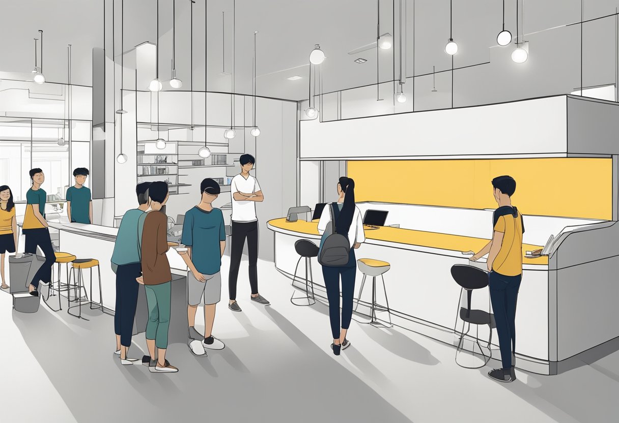 Guests line up at the reception desk of Wink Capsule Hostel in Singapore, while a staff member assists with their inquiries. The modern, minimalist design of the hostel is evident in the sleek furniture and clean lines of the space