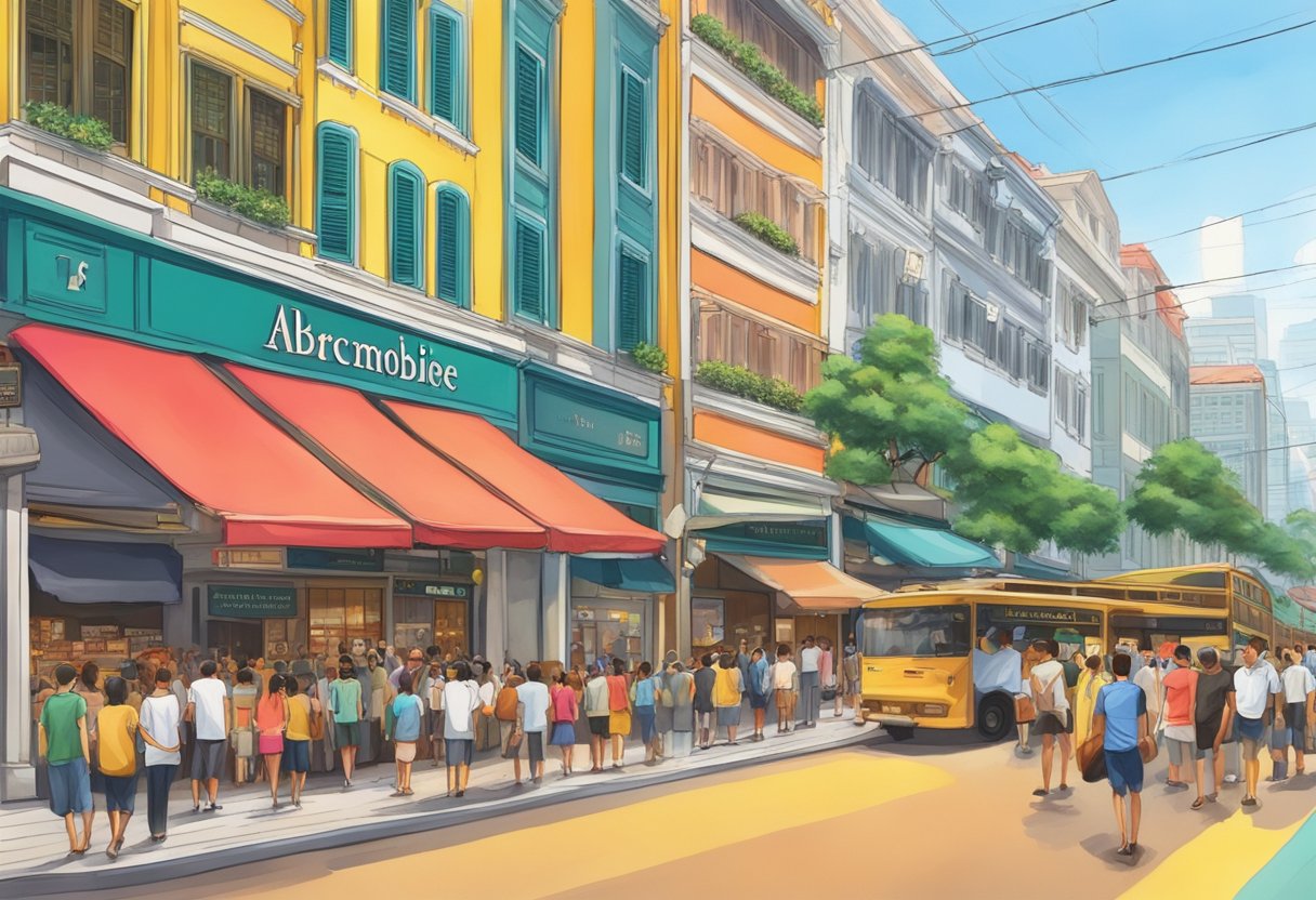 A bustling street in Singapore, with the iconic Abercrombie and Fitch storefront standing out among the vibrant colors and bustling crowds