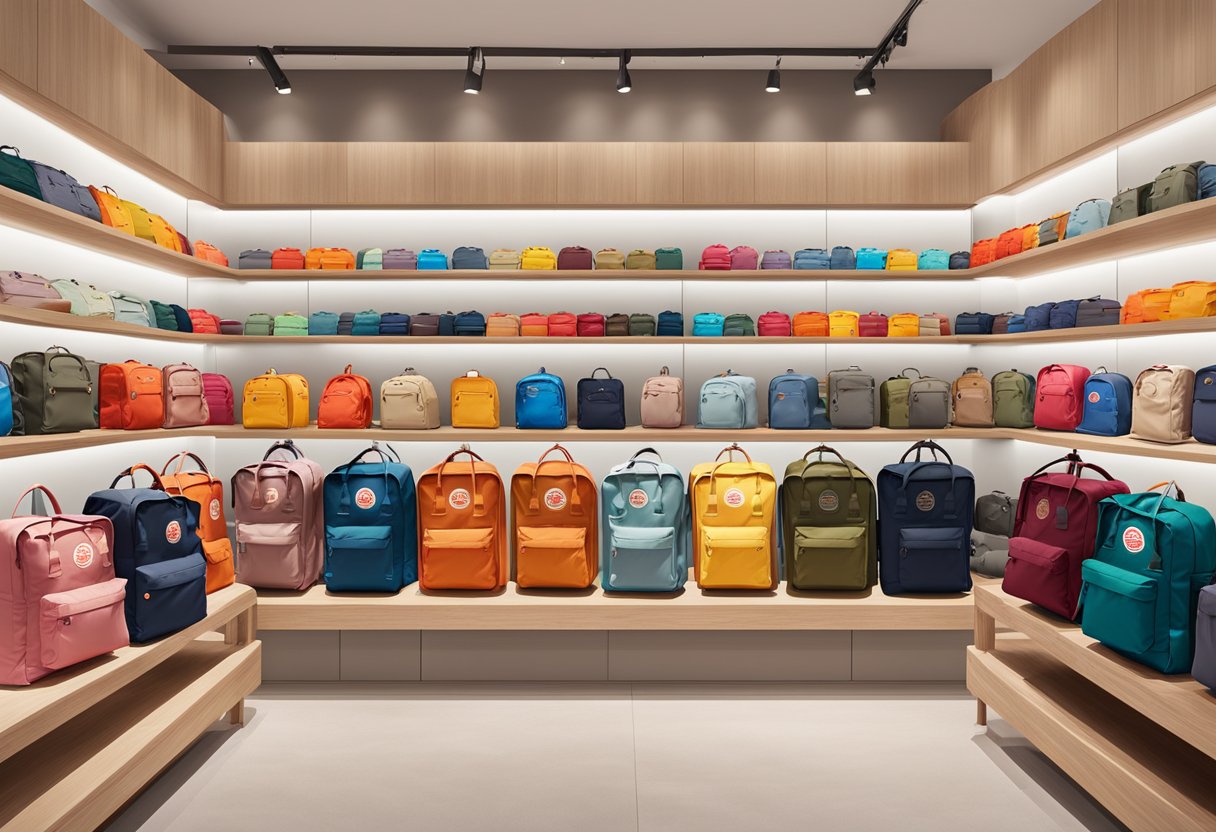 A colorful array of Fjallraven Kanken backpacks displayed on shelves in a modern Singaporean store
