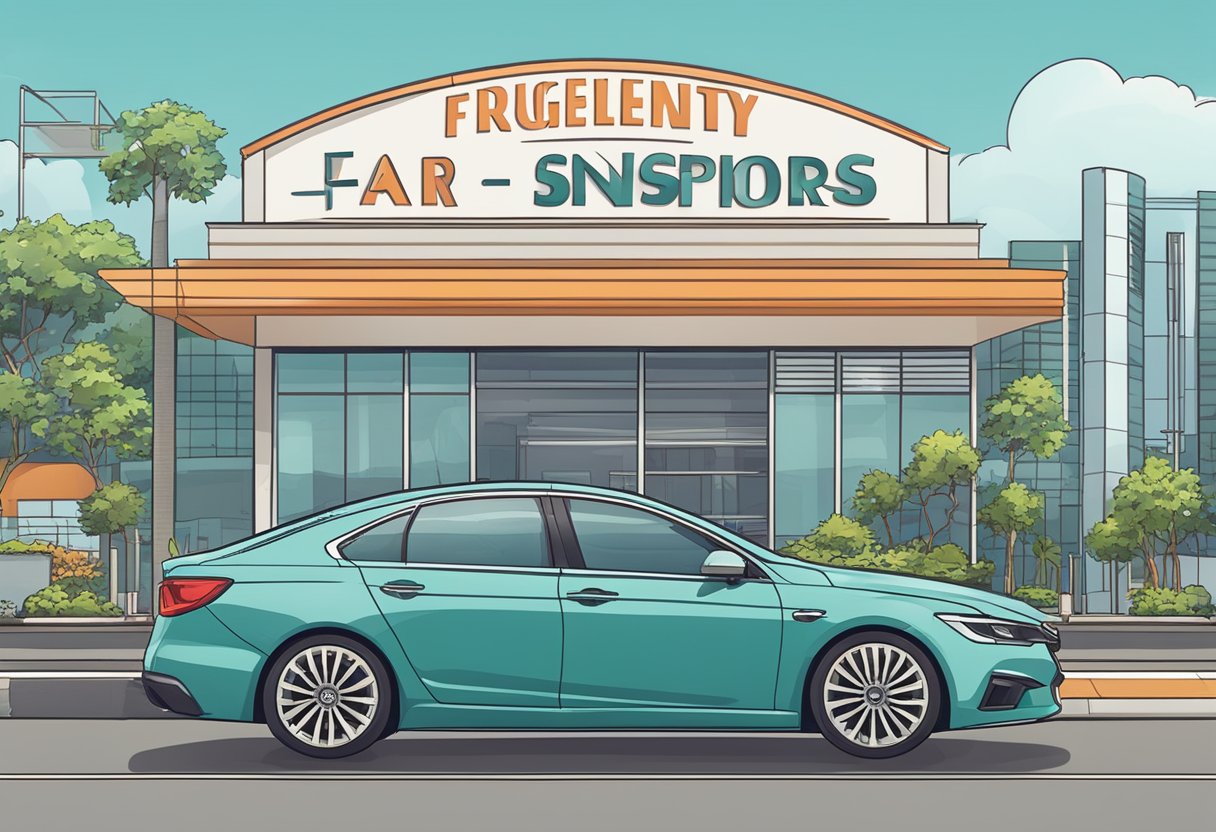 A car parked in front of a dealership with a sign that reads "Frequently Asked Questions used car for sale in Singapore."