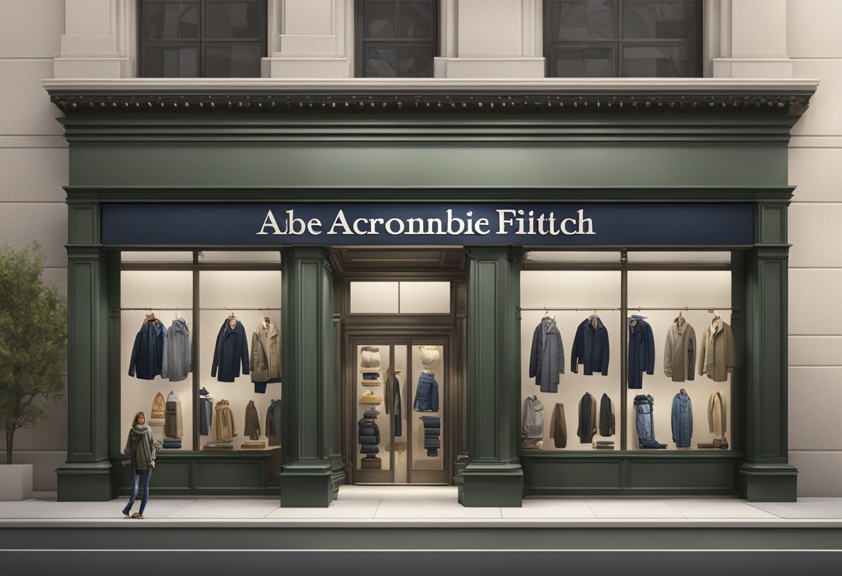 A storefront with the Abercrombie and Fitch logo prominently displayed, showcasing a variety of clothing and accessories in the window