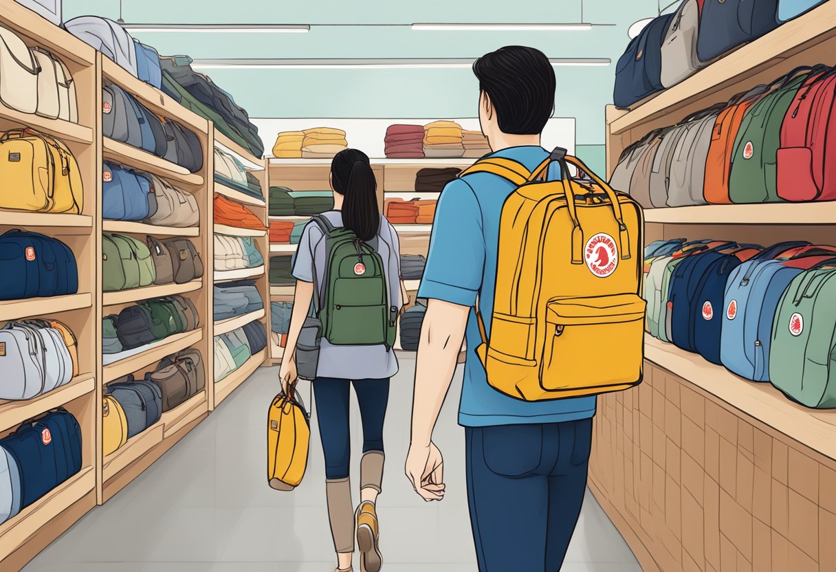 A customer purchases a Fjällräven Kånken backpack at a retail store in Singapore