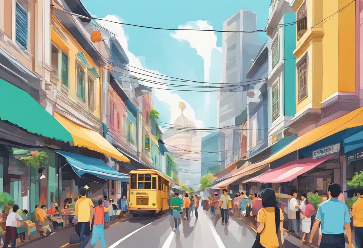 A bustling street in Andar, Singapore, with colorful buildings, bustling markets, and people going about their daily activities