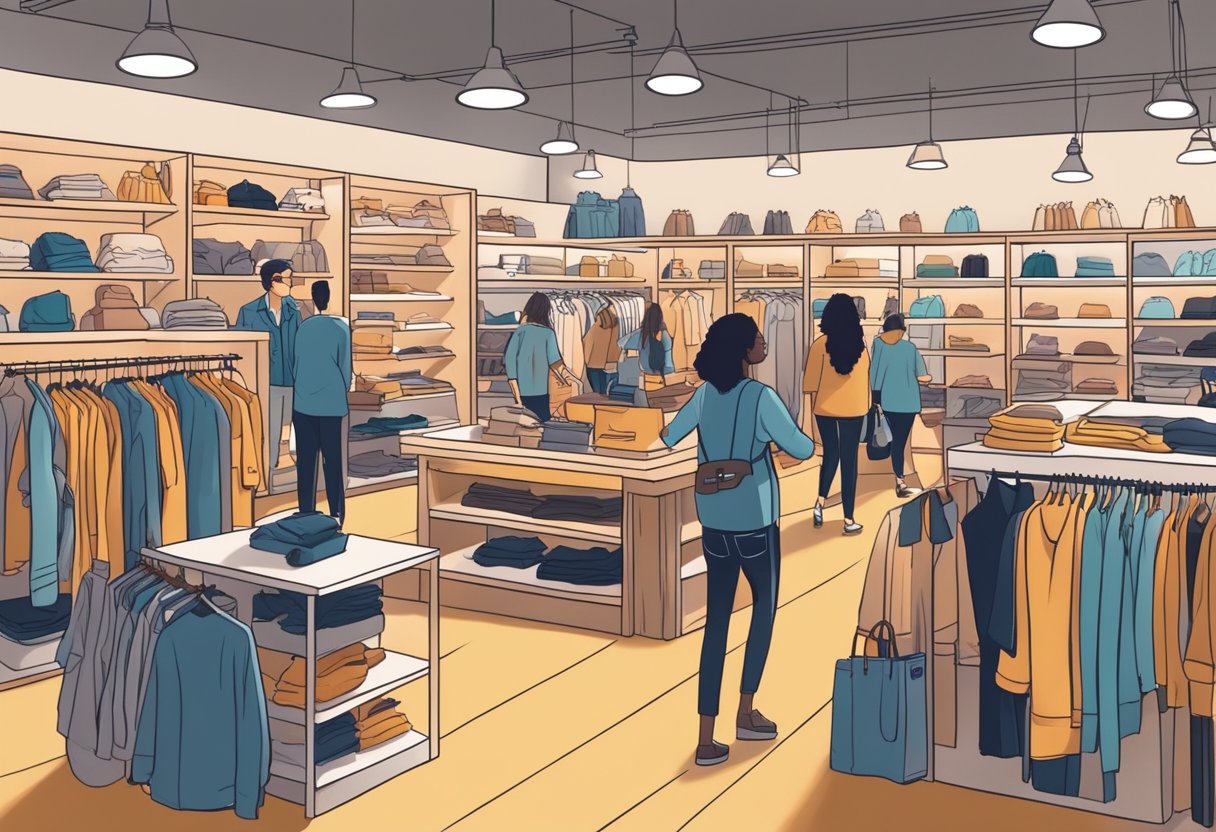 A crowded store with shelves of clothing, customers browsing, and staff assisting. Bright lighting and modern decor