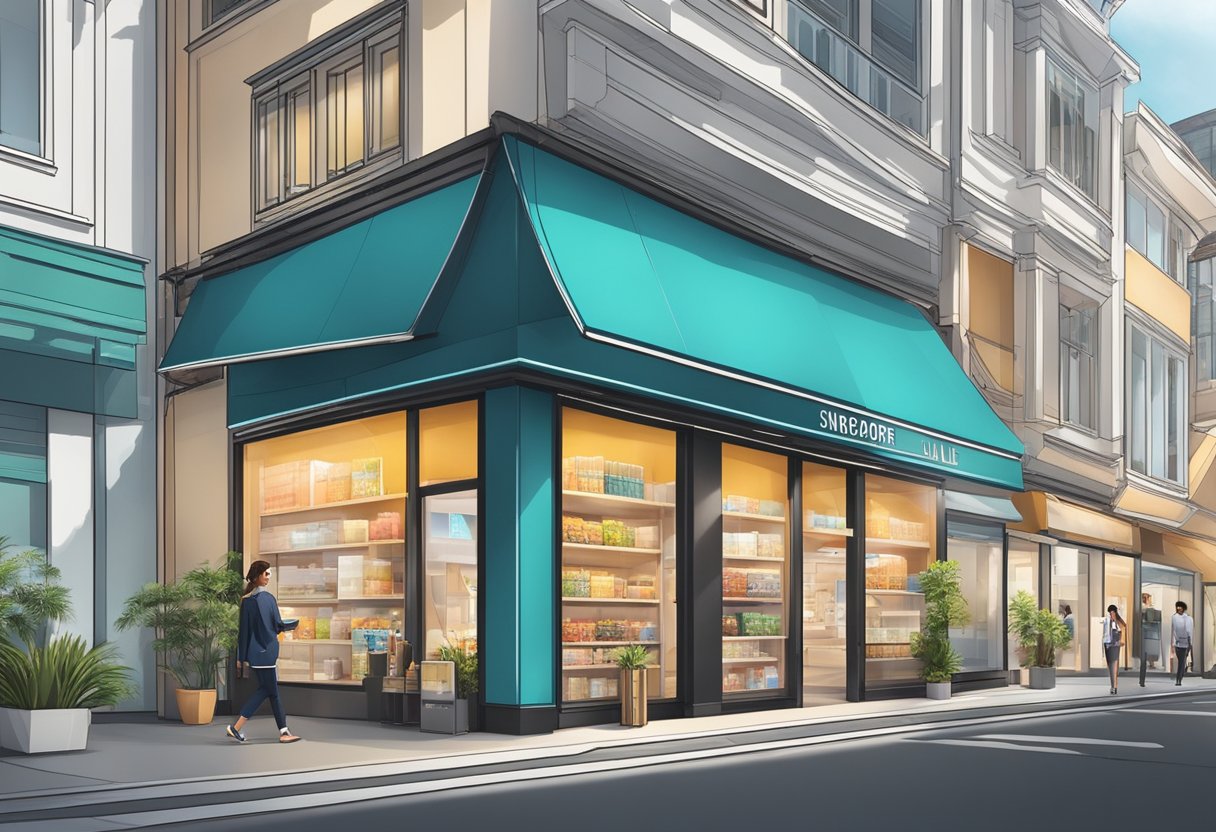 A modern and sleek storefront with bold branding and innovative displays, set against the backdrop of a bustling urban street in Singapore