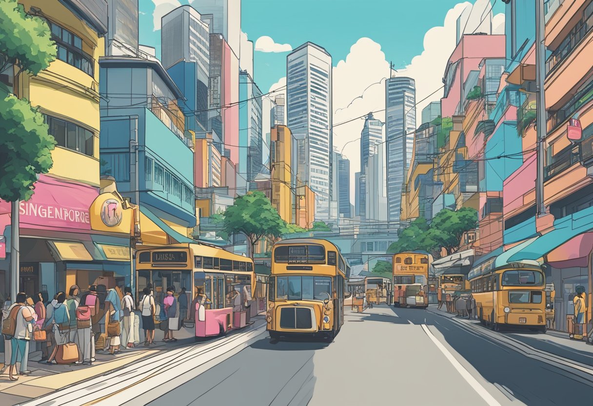 A bustling city street with a prominent sign reading "Frequently Asked Questions" and "andar singapore" in bold lettering