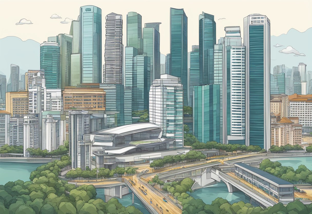 A group of tall buildings in Singapore, with one standing noticeably higher than the rest