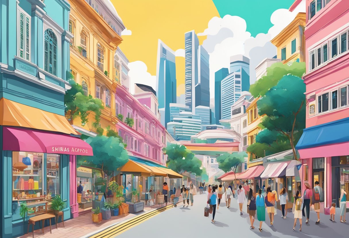 A vibrant cityscape of Singapore with iconic landmarks and the Bimba y Lola store standing out among the bustling streets and colorful architecture