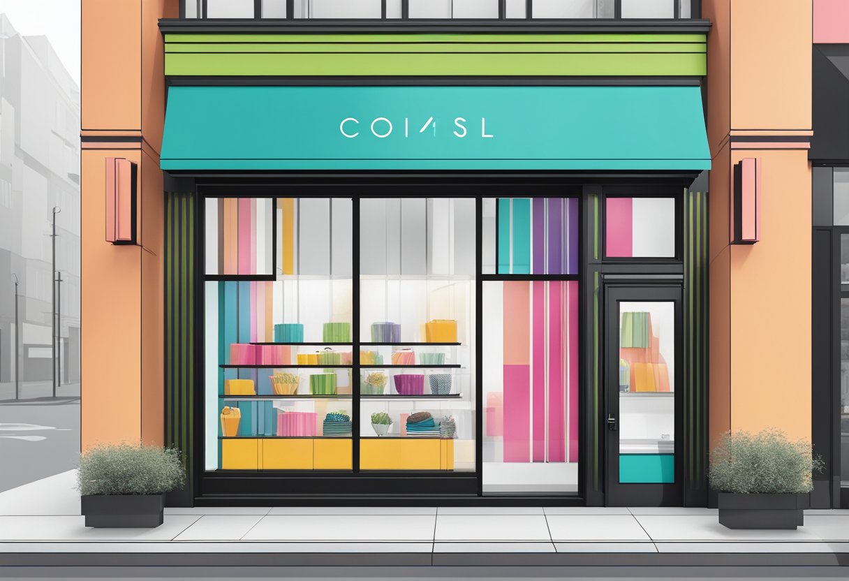 A modern, minimalist storefront with clean lines and a sleek logo. Bold colors and geometric patterns adorn the window displays, showcasing the brand's vibrant design philosophy