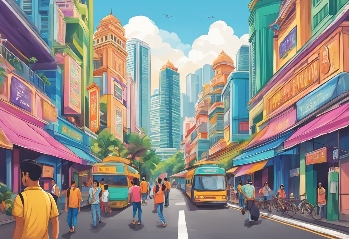 Colorful bollywood movie posters line the streets of Singapore, with iconic landmarks in the background