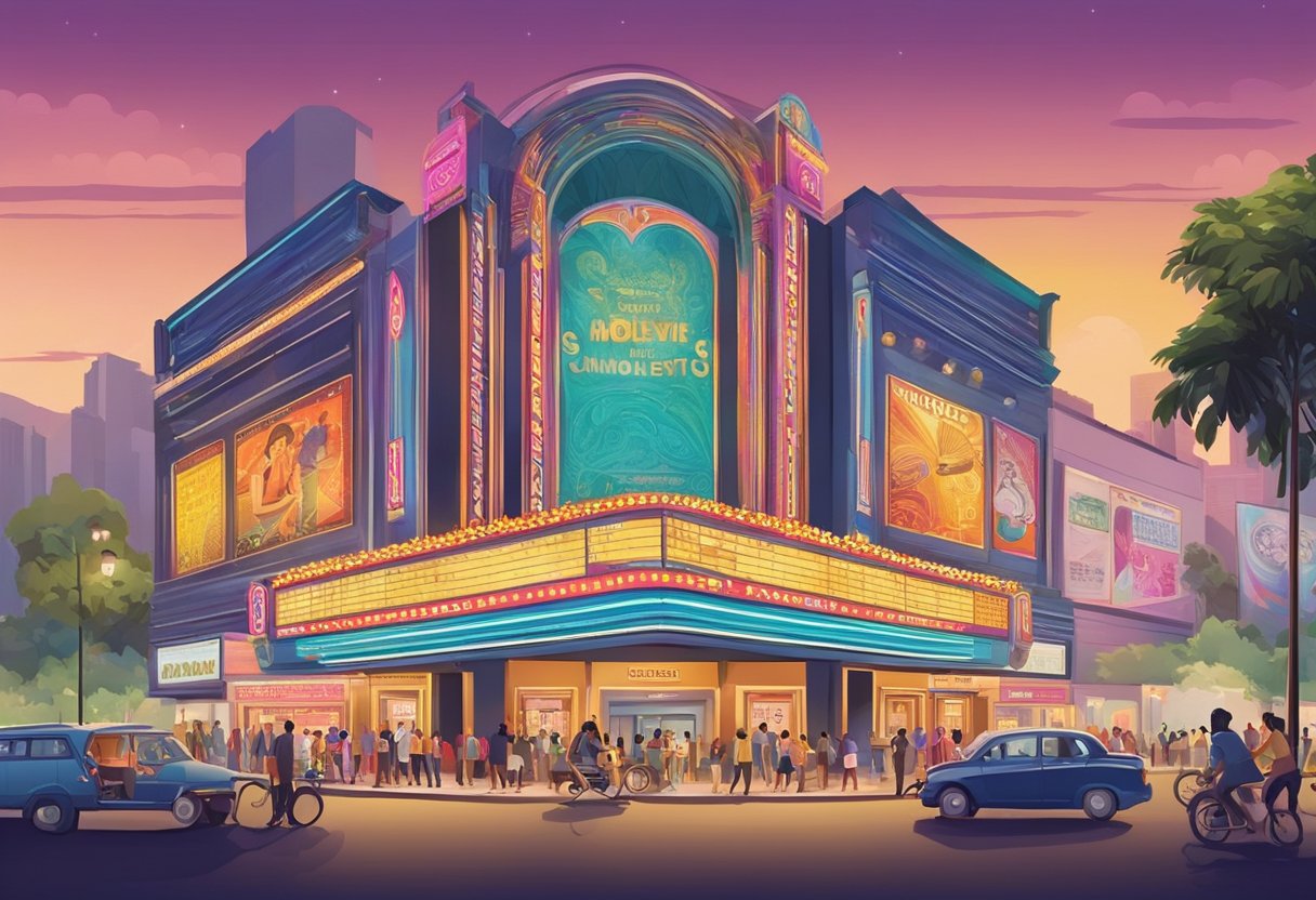 A colorful movie theater in Singapore shows Bollywood films, with vibrant posters and a bustling crowd outside