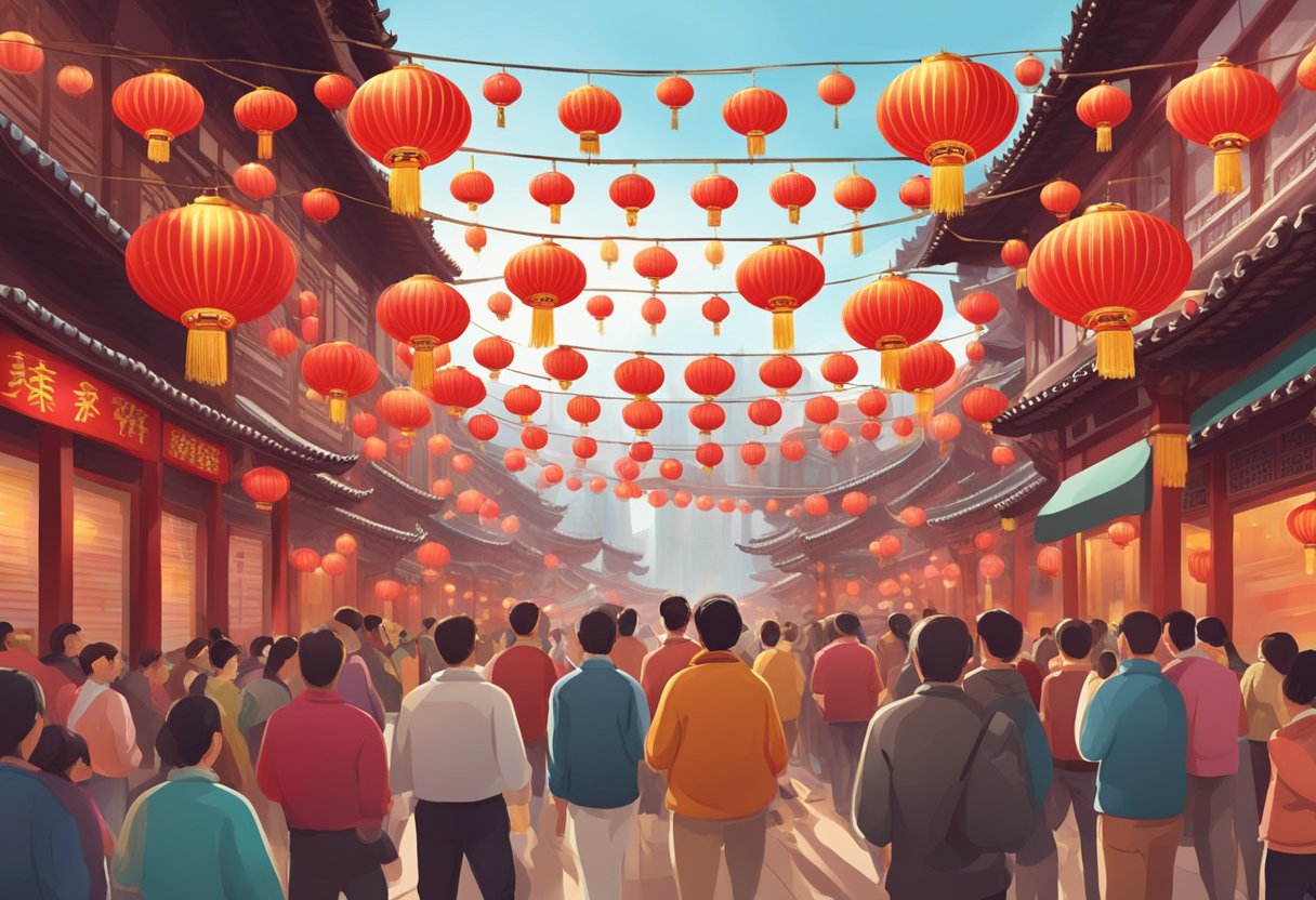 Vibrant lion dance at Chinatown, with red lanterns and crowds. Traditional architecture and festive atmosphere