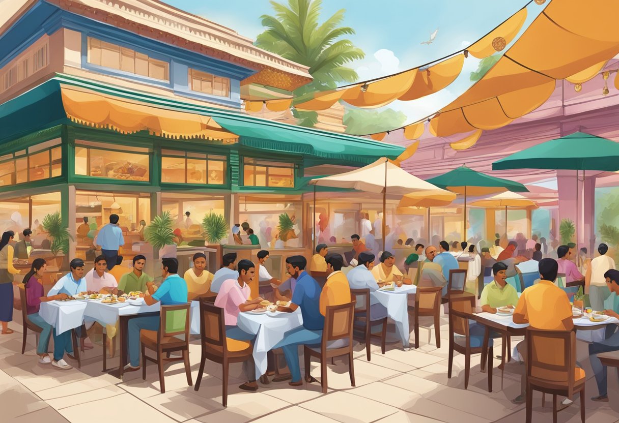A bustling Bikanervala restaurant in Singapore, with colorful decor, aromatic food, and happy diners enjoying traditional Indian cuisine