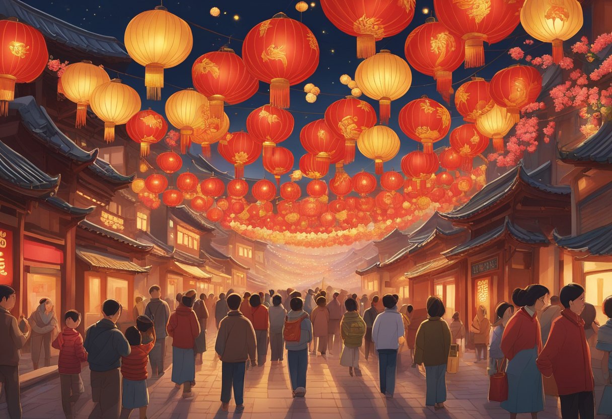 Colorful lanterns light up the streets, while dragon dances and fireworks fill the sky. Red and gold decorations adorn every corner, as families gather for festive meals and exchange lucky red packets