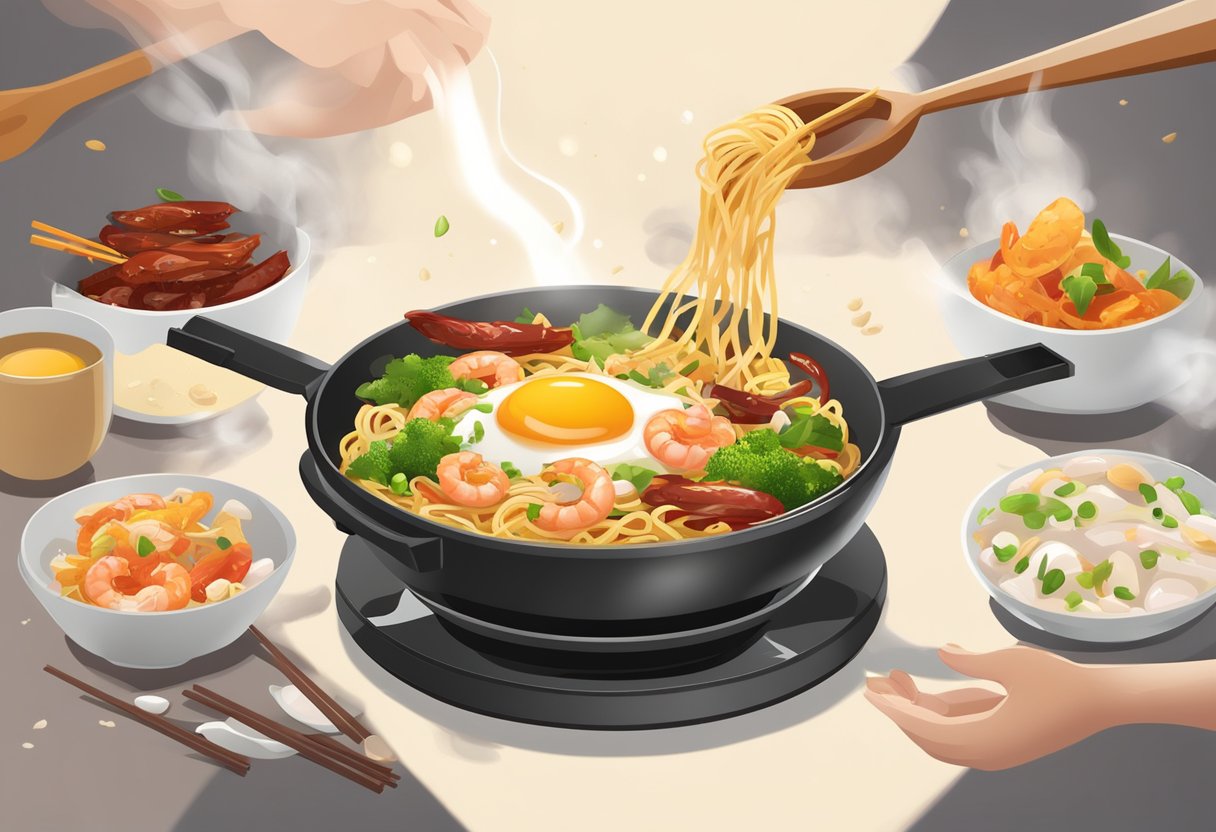 A sizzling hot wok fries flat rice noodles, eggs, prawns, and Chinese sausage, while aromatic garlic and soy sauce waft through the air