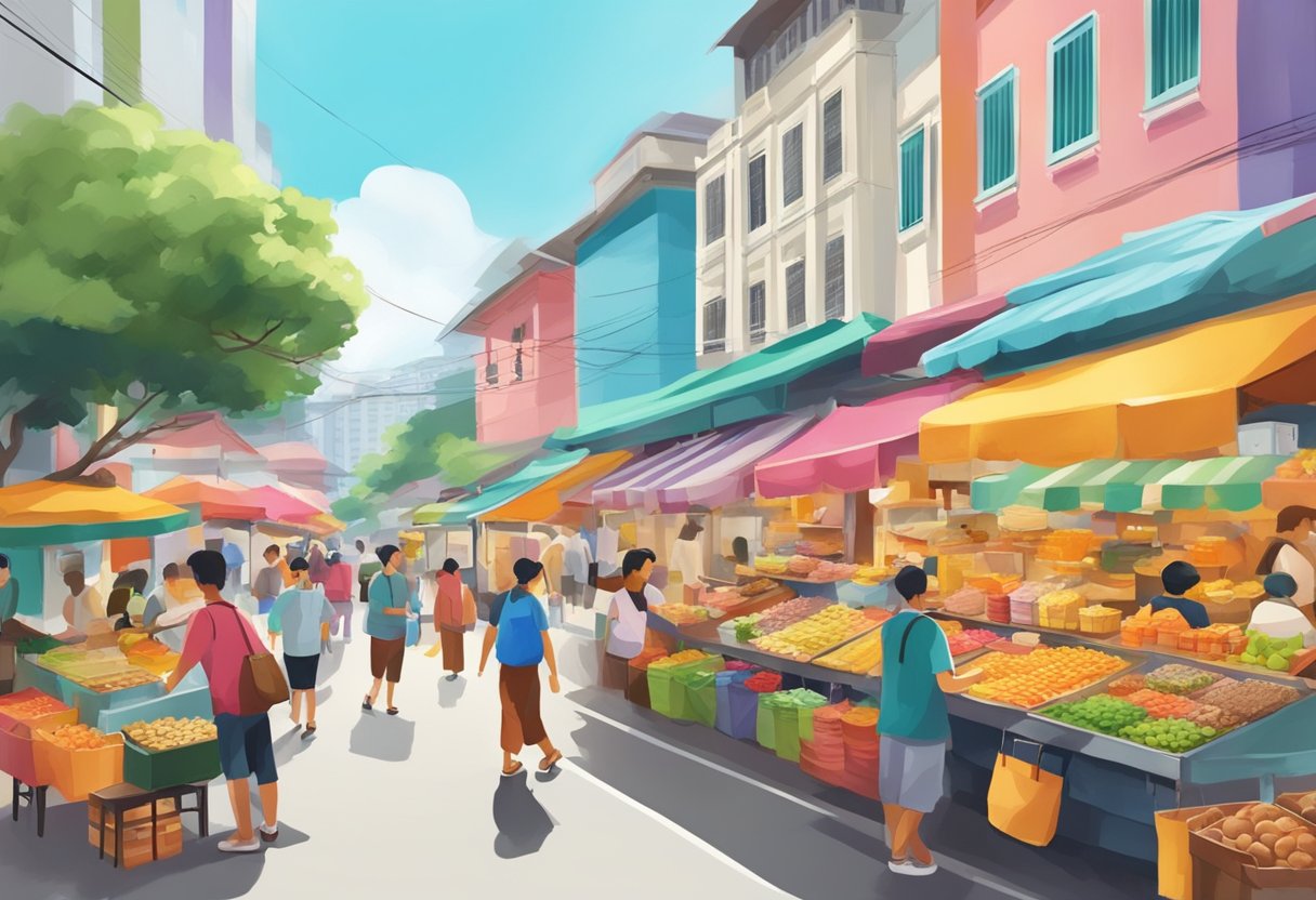 A bustling street in Singapore with colorful buildings and vibrant street vendors selling local delicacies