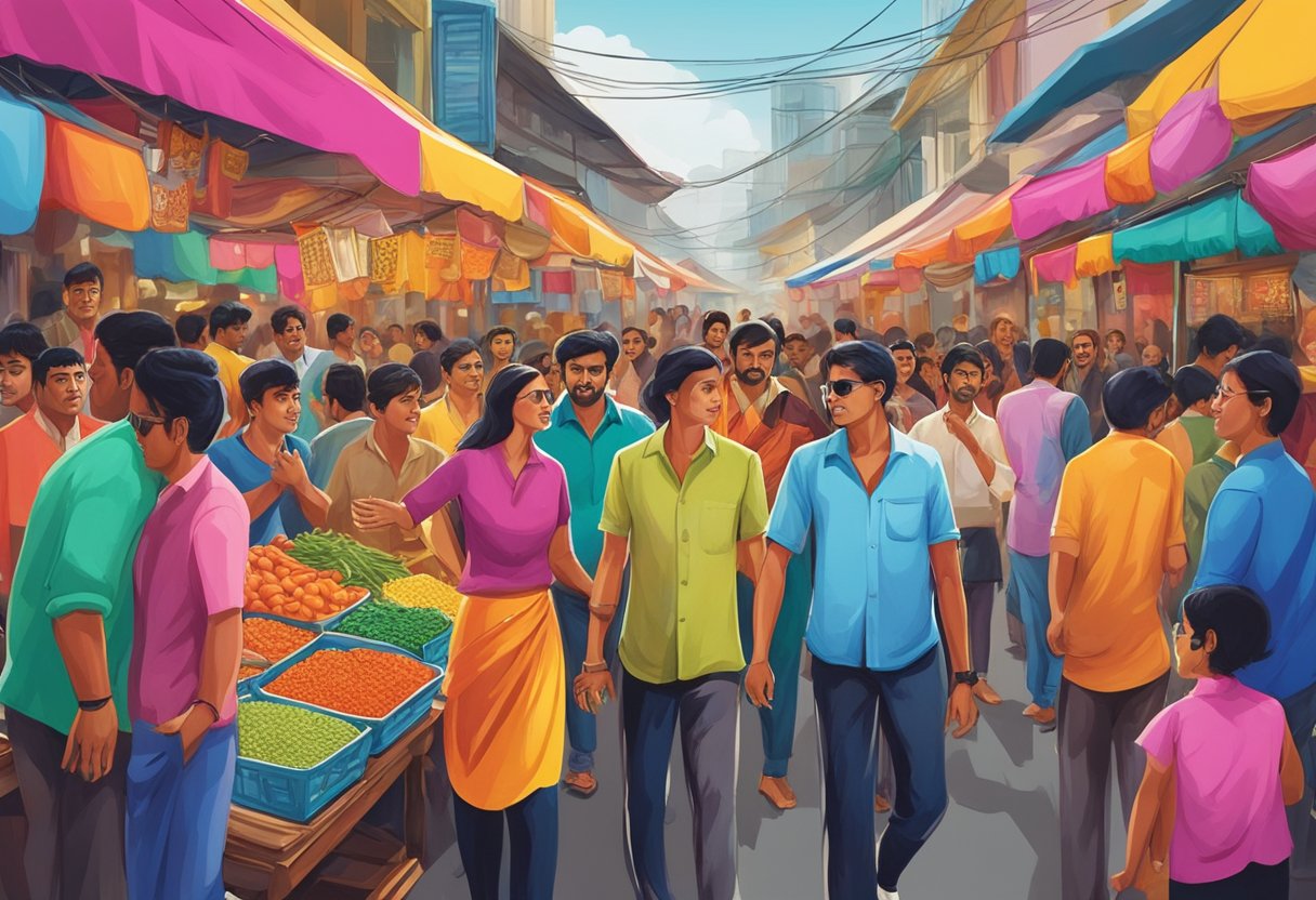 A colorful Bollywood movie poster displayed in a bustling Singapore street market