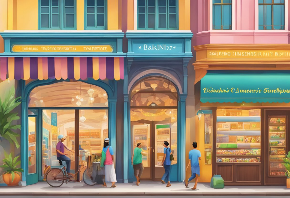 The vibrant storefront of Visitor Information at Bikanervala Singapore, with colorful signage and bustling foot traffic