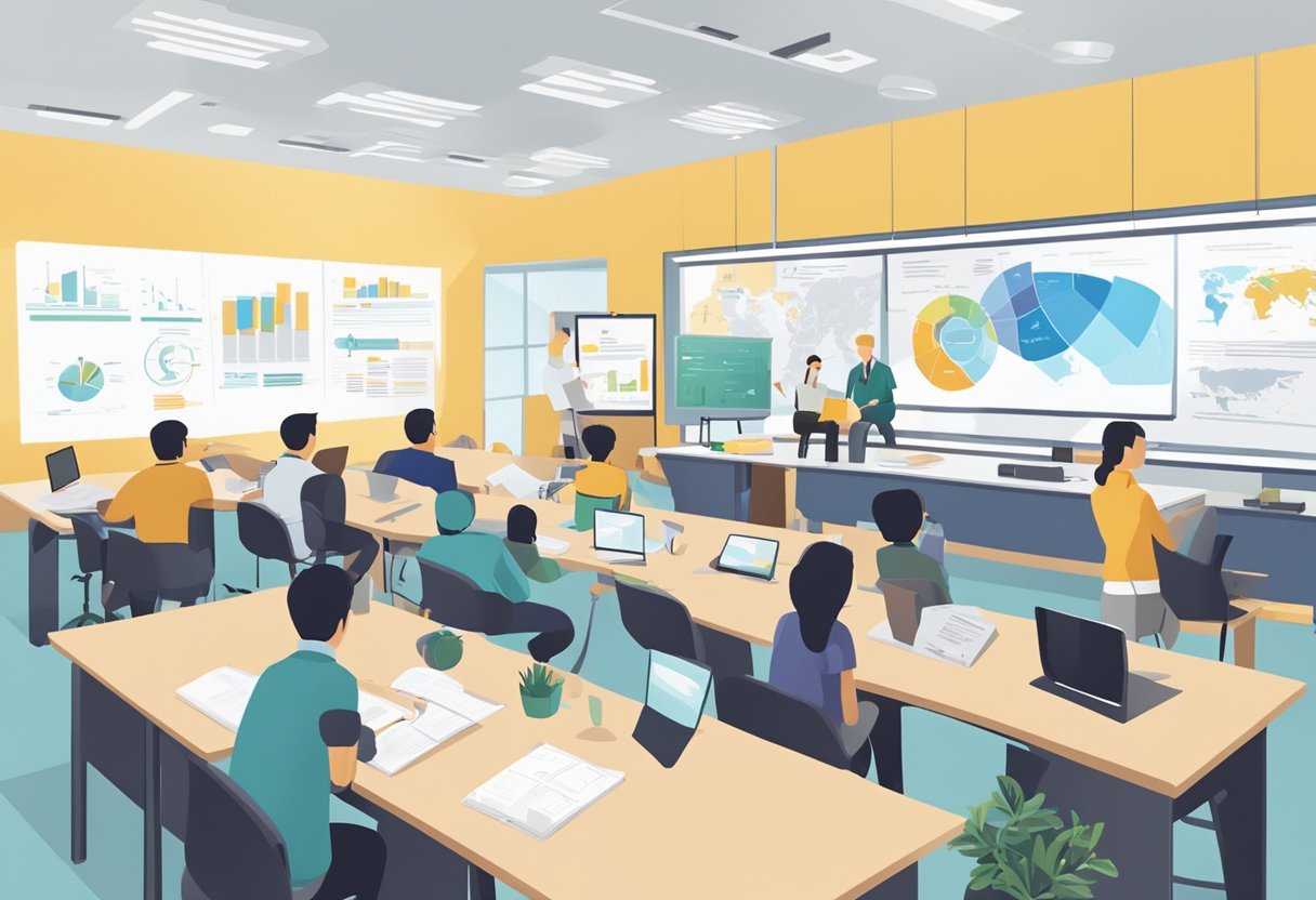 A classroom setting with students engaged in discussions and hands-on activities, surrounded by charts and diagrams related to GEP in Singapore