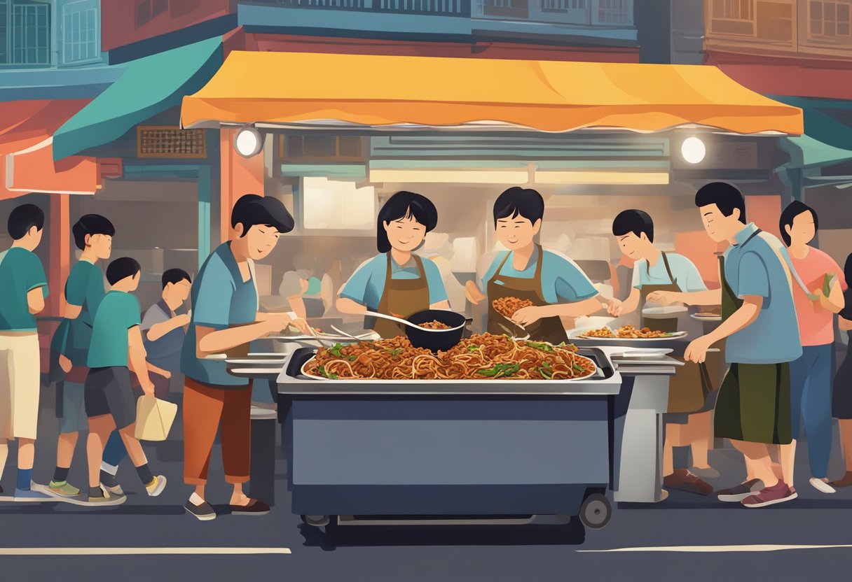 A sizzling wok cooks up fragrant fried kway teow, a beloved Singaporean dish, amidst bustling hawker stalls. A mix of smoky aromas and lively chatter fills the air, capturing the cultural significance of this iconic street