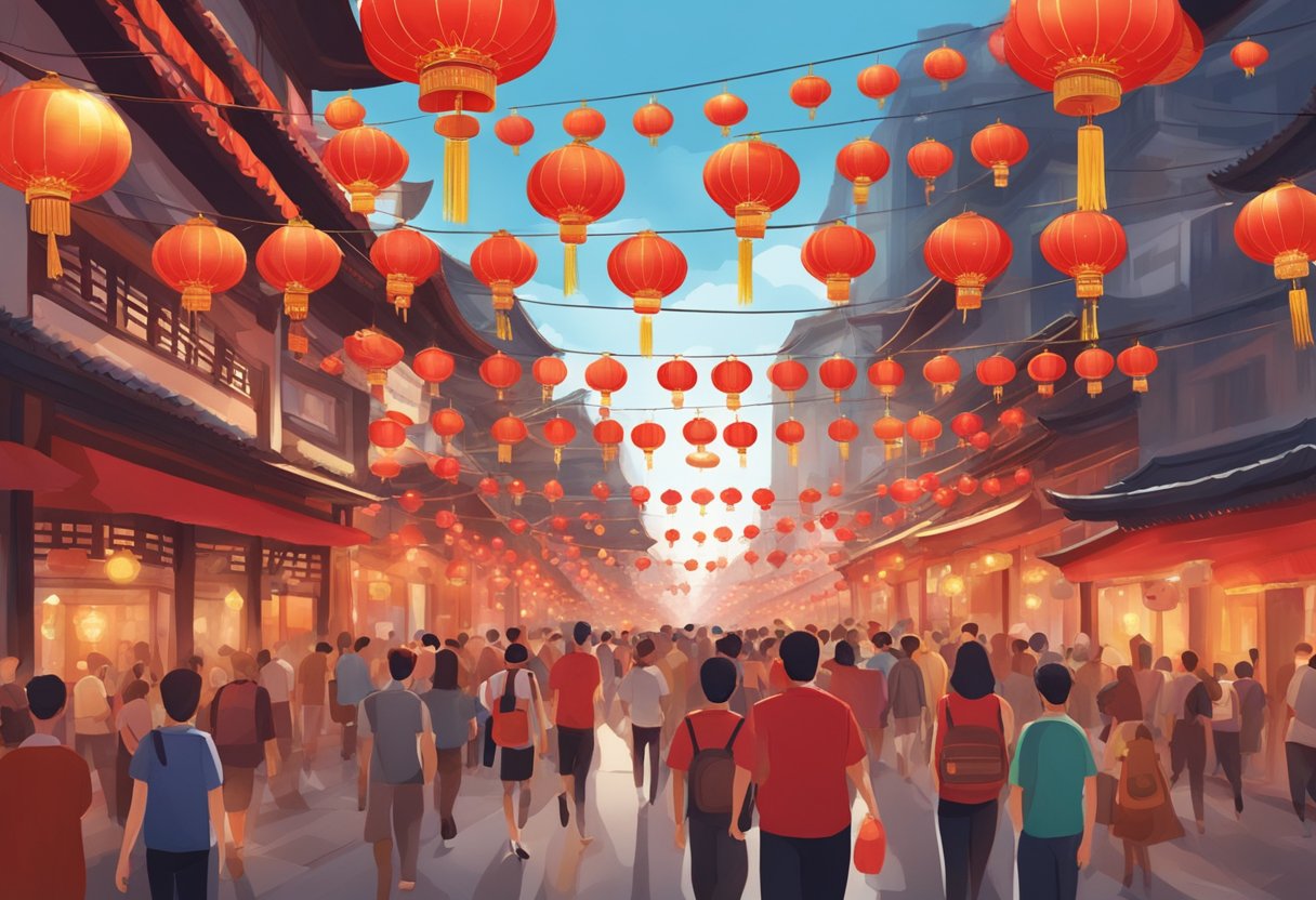 A bustling street filled with vibrant red lanterns, ornate decorations, and joyful celebrations during Chinese New Year in Singapore